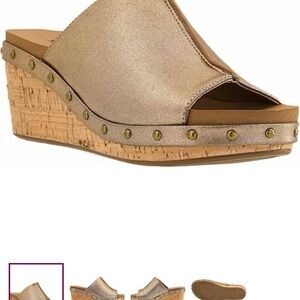 Corkys Metallic Taupe Open-Toe Cork Wedge Slide